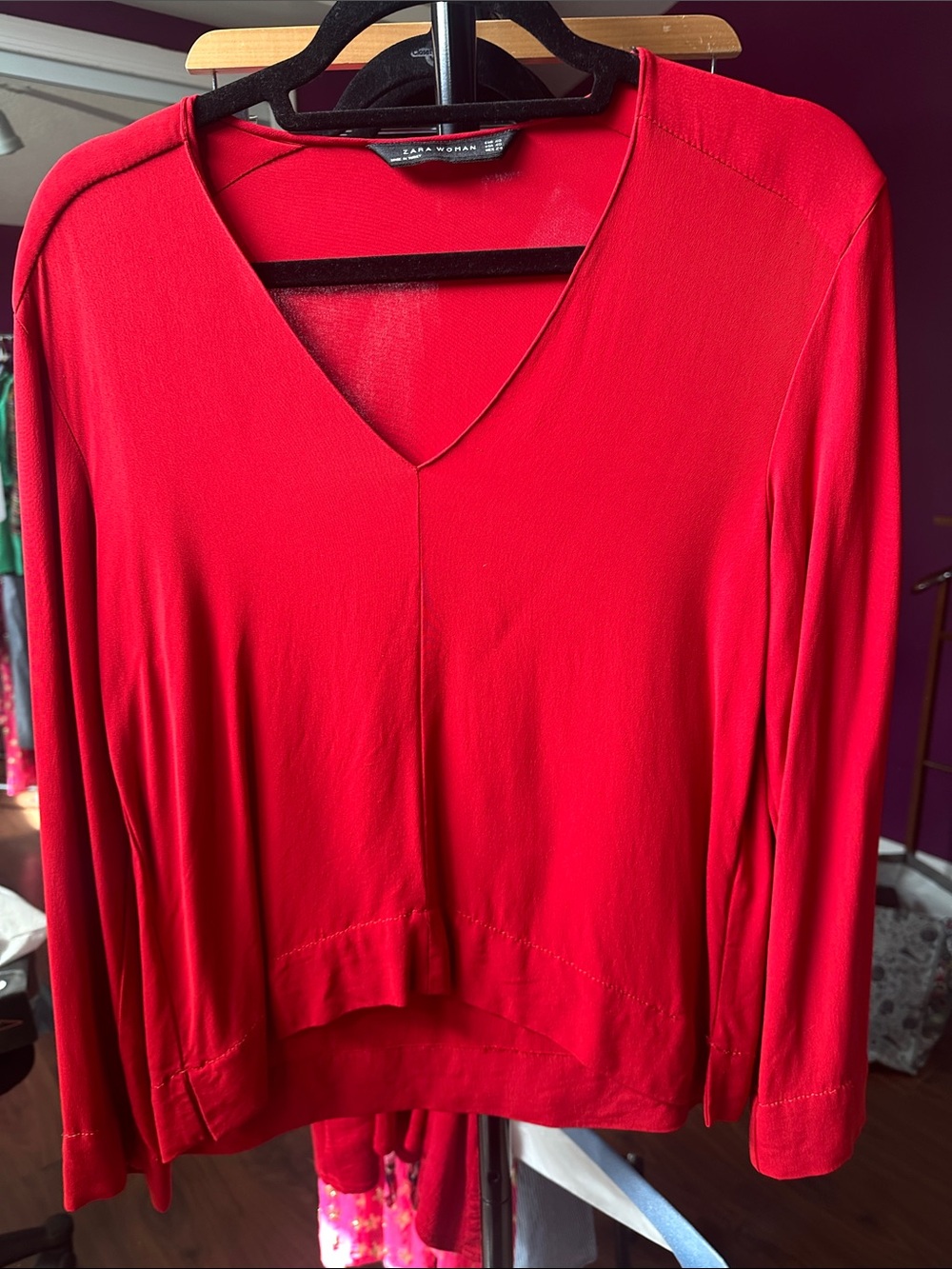 Zara Bright Red V-Neck Long Sleeve Top